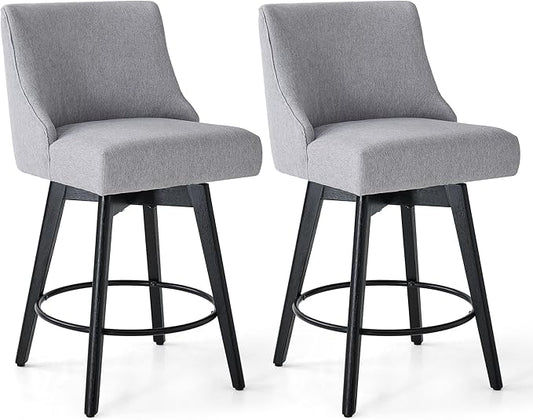 Vipbear Counter Height Bar Stools Set of 2, 26" H Swivel Bar Stools with Backs, Linen Fabric Upholstered Bar Chairs with Solid Wood Legs for Kitchen Island, Dining Room, Home Bar, Light Grey