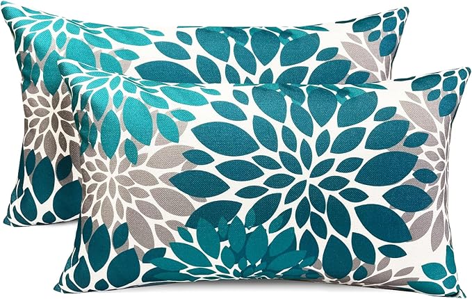 Decorative Throw Pillow Covers Set of 2 Teal Blue Pillow Covers 12x20 Inch Couch Pillow Covers for Sofa Living Room Outdoor Throw Pillow Cover Linen Floral Flower Farmhouse Pillowcase