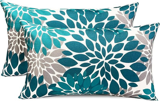 Decorative Throw Pillow Covers Set of 2 Teal Blue Pillow Covers 12x20 Inch Couch Pillow Covers for Sofa Living Room Outdoor Throw Pillow Cover Linen Floral Flower Farmhouse Pillowcase