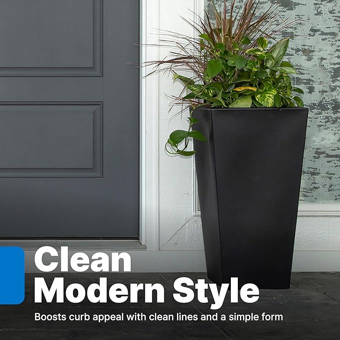 Step2 Tremont Tall Square Tapered Planter, Large Planters for Outdoor Plants, Gardening and Flower Pot for Patio or Porch, Efficient Drainage, Durable Plastic, Onyx Black, 2-Pack