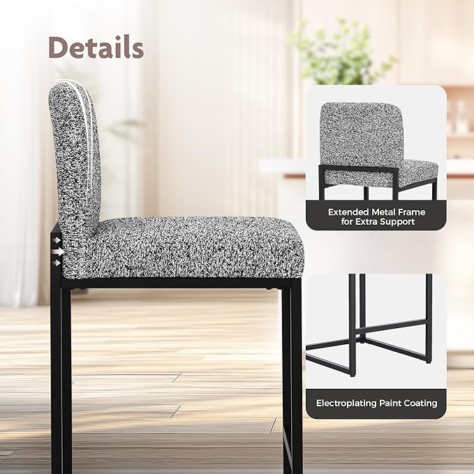 ALPHA HOME 24" Bar Stools Set of 4 Kitchen Counter Stools with Back, Counter Height Stools with Upholstered Footrest for Kitchen Island, Metal Steel Frame, Chenille, Gray