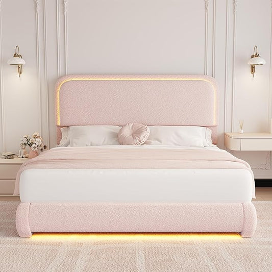 Queen Bed Frame, Soft Teddy Fleece Upholstered Platform Bedframe with Thickened Rounded Corners Headboard Footboard, Modern Curved Shaped Cloud Bed Frame with LED Lights, No Box Spring Needed, Pink