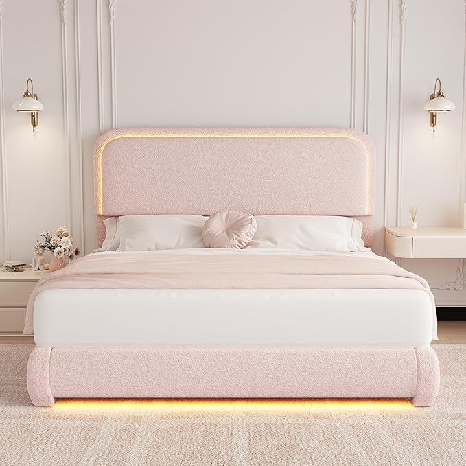 Twin Size Bed Frame for Kids, Soft Teddy Fleece Upholstered Platform Bedframe with Thickened Rounded Corners Headboard Footboard, Modern Curved Shaped Cloud Beds with LED Lights, Pink