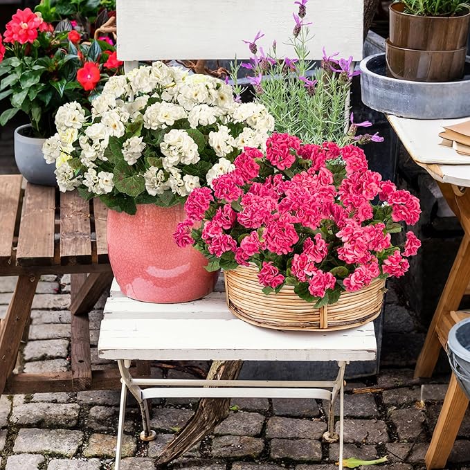 Plastic Flowers for Outdoors Home Decor Fake Plants Artificial Flowers Artificial Geraniums Outdoor Fake Flowers Silk Bouquet Fall Decoration Interior Porch Garden Decor 14.4"(Rose Red) 8PCS