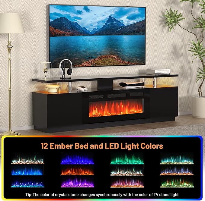 70 Inch Fireplace TV Stand with 36 Inch Electric Fireplace, 12 Colors LED Lights, 750W/1500W for Max 80 Inch TV, 2 Tier Storage 2 Door Cabinet
