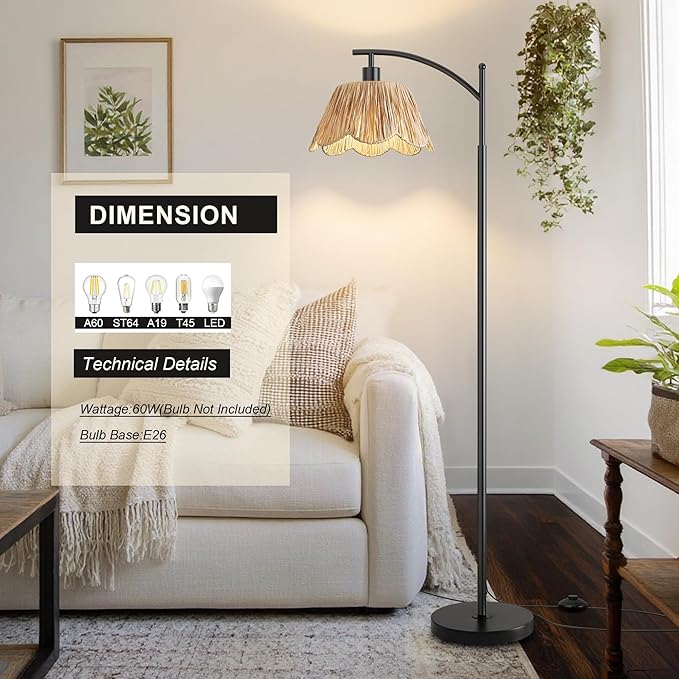 Oneach Arc Floor Lamp for Living Room,Rattan Boho Floor Lamp with Hand-Woven Shade, Foot Switch,Black Metal Base & Pole,Farmhouse Standing Lamp for Bedroom Corner,Reading