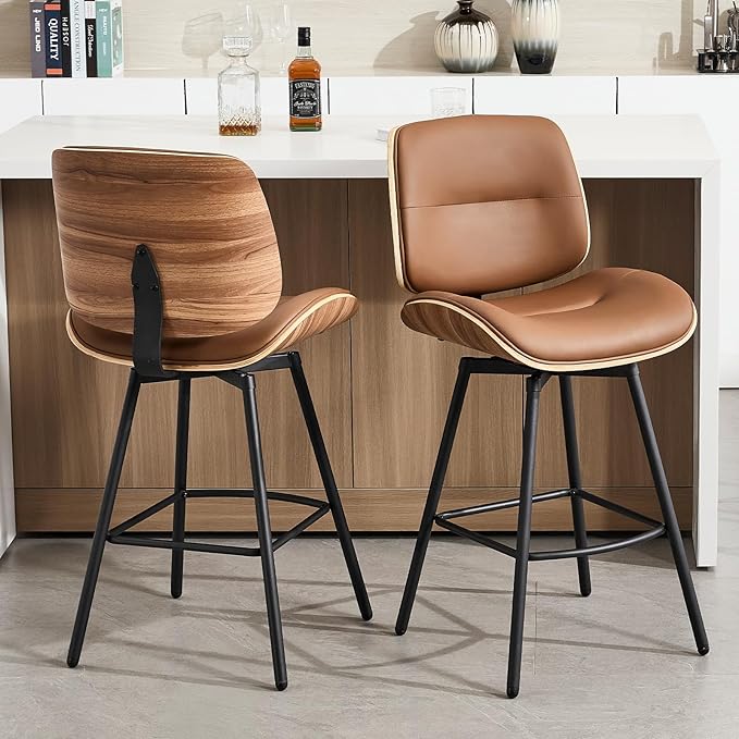 Mid Century Modern Counter Stools Set of 2, 27" Swivel Bar Stools with Metal Legs, Faux Leather Upholstered Bar Chairs with Footrest for Kitchen Island & Dining Tables, Brown