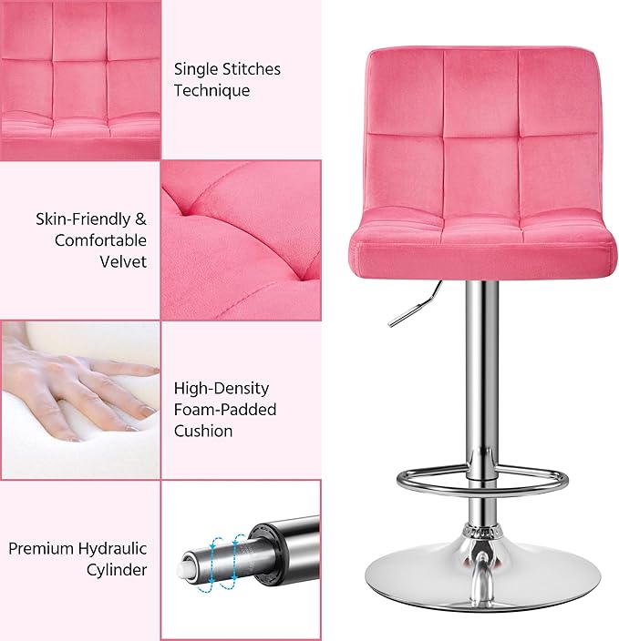 Yaheetech Pink Bar Stools Set of 2, Adjustable Velvet Barstools, Modern Counter Height Swivel Stool with Bigger Base for Kitchen Island, Pink