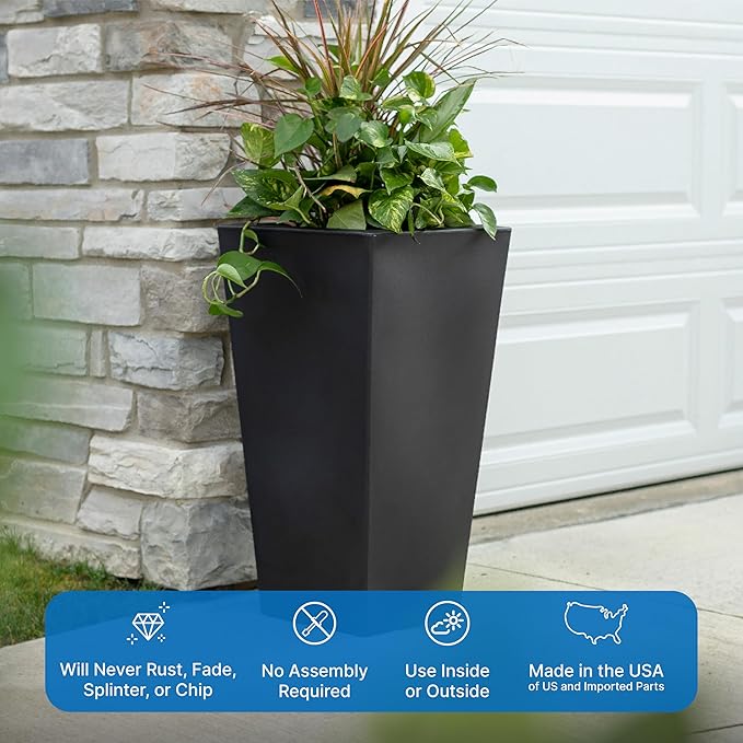 Step2 Tremont Tall Square Tapered Planter, Large Planters for Outdoor Plants, Gardening and Flower Pot for Patio or Porch, Efficient Drainage, Durable Plastic, Onyx Black, 2-Pack