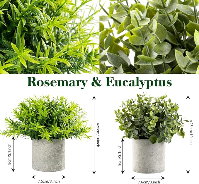 Lemonfilter 4 Pack Fake Plants, Small Eucalyptus Rosemary Succulents Artificial Mini Faux Potted Plants Fake Plant Indoor for Home Bathroom Bedroom Office Desk Desk Shelf Decor