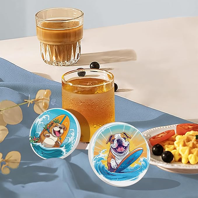 Coaster for Drinks Set of 6, Cute Dog Surfing Absorbing Round Ceramic Stone Coaster with Cork Base,Tabletop Protection Mat for Mugs and Cups,Coffee Table Wine Glass Home Bar 4 Inch