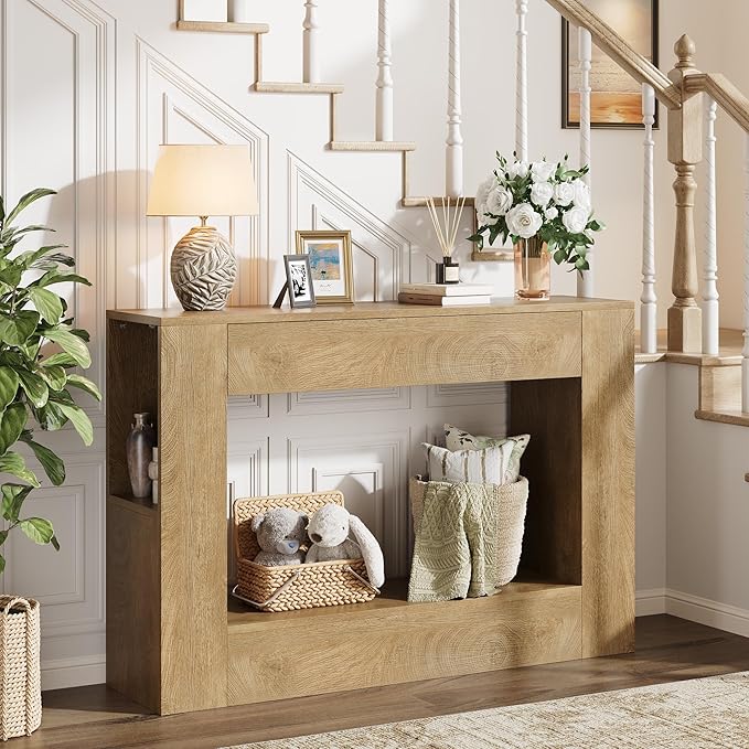Farmhouse Console Table with Drawer, 47'' Wood Entryway Table with Storage Shelves, Narrow Sofa Table Behind Couch for Living Room, Hallway, Foyer (Natural)