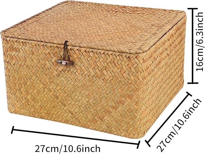 Wicker Shelf Baskets with Lid, Handwoven Seagrass Storage Basket Bins Square Gift Boxes for Shelves Home Decor Organizer (Natural, Large)