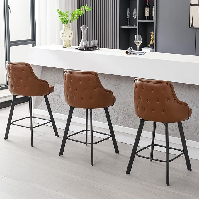 Bar Stools Set of 4, 26" Swivel Counter Height Bar Stools with High Back, Faux Leather Kitchen Barstools Counter Height for Kitchen Island (Dark Brown, 4PCS 26" Counter Stools)