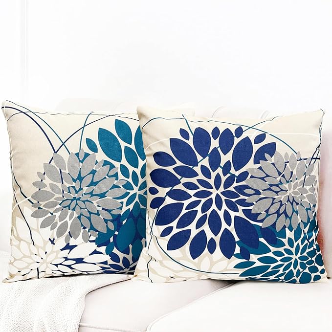 Blue Decorative Throw Pillow Covers 20x20 Inch Pillow Covers for Couch Living Room Bedroom Car Outdoor.Modern Sofa Throw Pillow Cover.Farmhouse Geometric Floral Linen Square Pillow Case.Set of 2