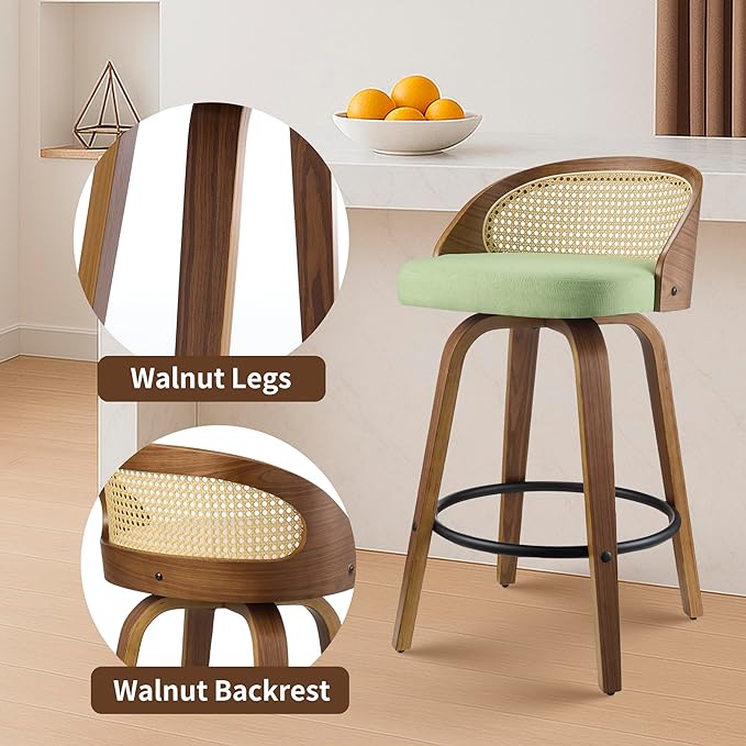 26 inch Swivel Bar Stools with Back, Set of 2 Modern Walnut Bar Chairs, Green Textured Fabric Upholstered Counter Height Stools with Rattan Back for Kitchen Island & Dining Room