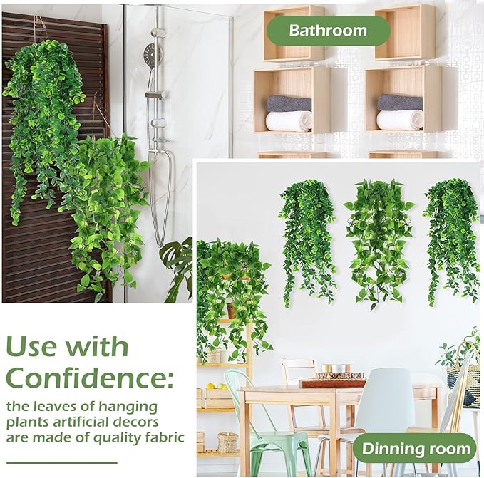 Hoteam 12 Pcs Artificial Hanging Plants 32 Inch Fake Ivy Vines with Fake Leaves Patio Artificial Plants Greenery for Living Room Indoor Outdoor Wall, No Basket (Pothos,Eucalyptus)