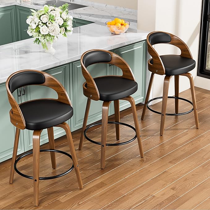 Bar Stools Set of 4, 26" Swivel Counter Height Bar Stools with Bentwood Legs and Back, Mid Century Modern Faux Leather Upholstered Counter Stools for Kitchen Island, Bar, Restaurant, Black