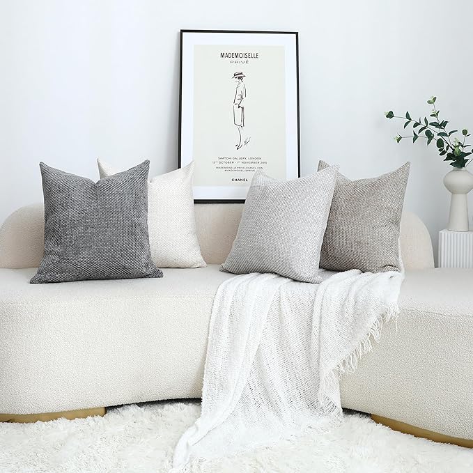 Stellhome Set of 4 Neutral Decorative Throw Pillow Covers Soft Chenille Woven Textured Luxury Accent Cushion Cases for Living Room Couch Bed Sofa Farmhouse Boho Home, 20x20 inch, Neutral