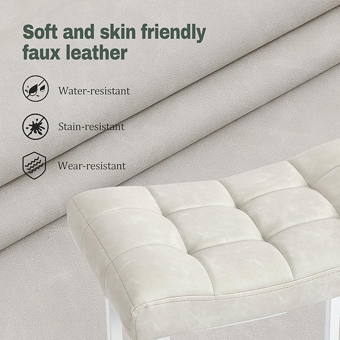 White & Beige Counter Height Bar Stool for Kitchen Counter Modern Backless Barstool with Upholstered Faux Leather Seat and Metal Frame Industrial 24 inch Bar Chair