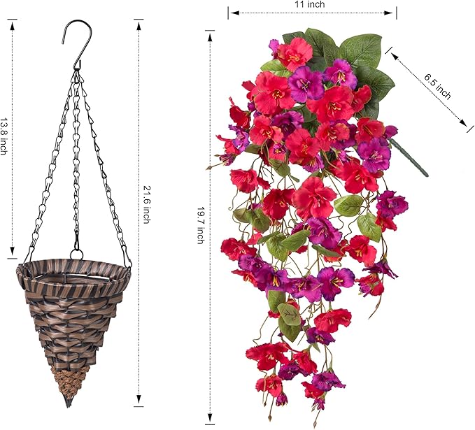 Artificial Fake Hibiscus Hanging Flowers Baskets for Outdoor Decoration, Faux Plants Silk Hibiscus Long Vines in Planter UV Resistant Realistic Flowers for Outside Porch Patio Home Decor, RedPurple