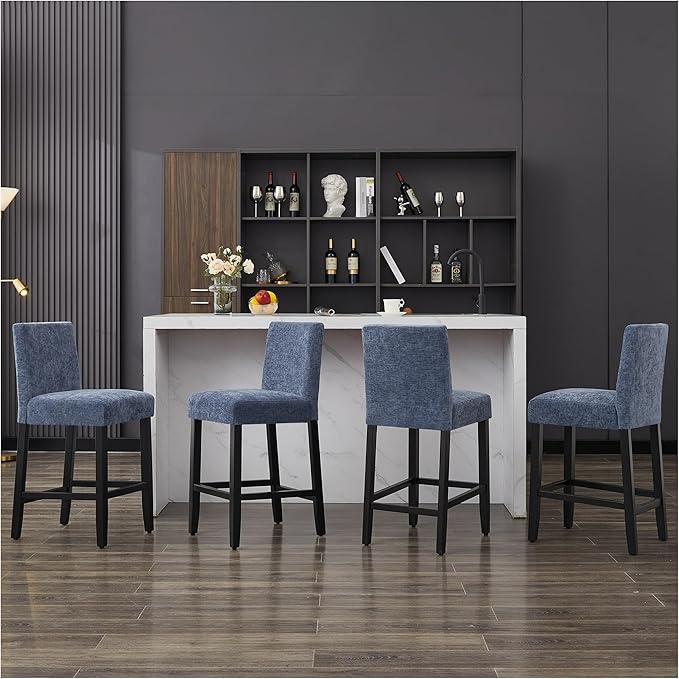 26'' Velvet Chenille Bar Stools Set of 2, Modern Upholstered Bar Height Bar Chairs, Soild Wood Legs Barstools with Back, Blue