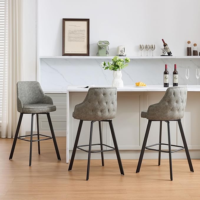 Bar Stools Set of 3, 30" Swivel Bar Height Bar stools with High Back, Faux Leather Kitchen Barstools Bar Height for Kitchen Island (Light Grey, 3PCS 30" Bar Stools)