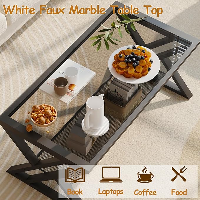 Glass Coffee Table Living Room Table with Storage Shelf, Grey Glass Table Simple Modern Rectangular Tables with Sturdy Black Metal Frame,Industrial Glass Coffee Table for Bedroom Home Office