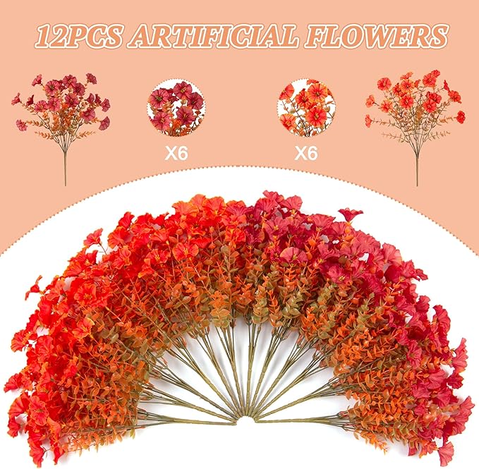 Fall Artificial Flowers for Decoration, 12 Bundles Fake Mums Autumn Flower Plants Petunias, Faux Silk Morning Glory Eucalyptus for Planter Garden Porch Front Door Window Box, Orange Red
