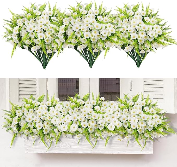 Artificial Flowers Outdoors 12 Bundles White Artificial Petunias Fake Flowers UV Resistant Shrubs Plants with Fern for Indoor Outside Hanging Planters Home Garden Summer Decorations