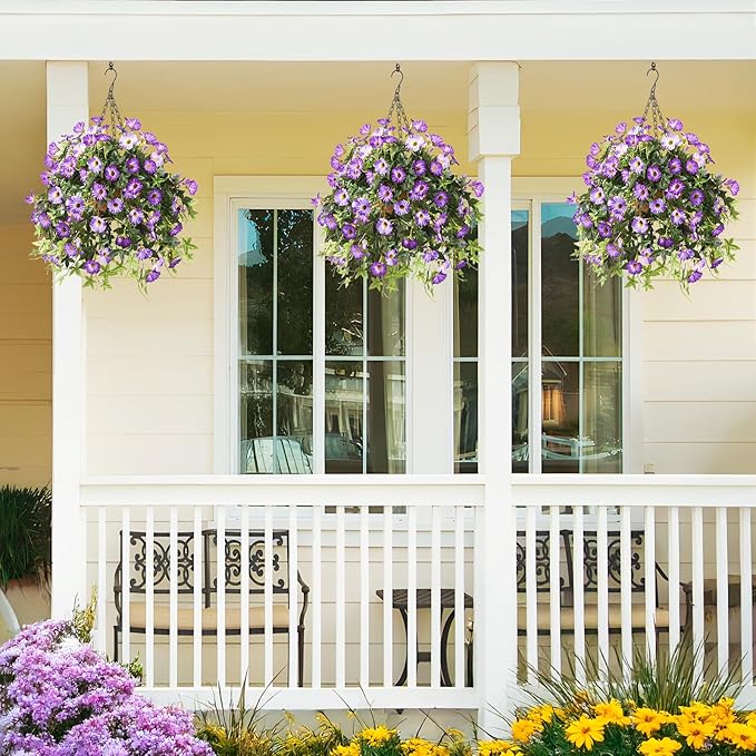 Artificial Flowers for Outdoor Decoration Spring Summer Fake Plants, 2PCS Faux Flower Silk Petunias UV Resistant Realistic for Porch Planter Balcony Home Garden Yard Decor Purple White