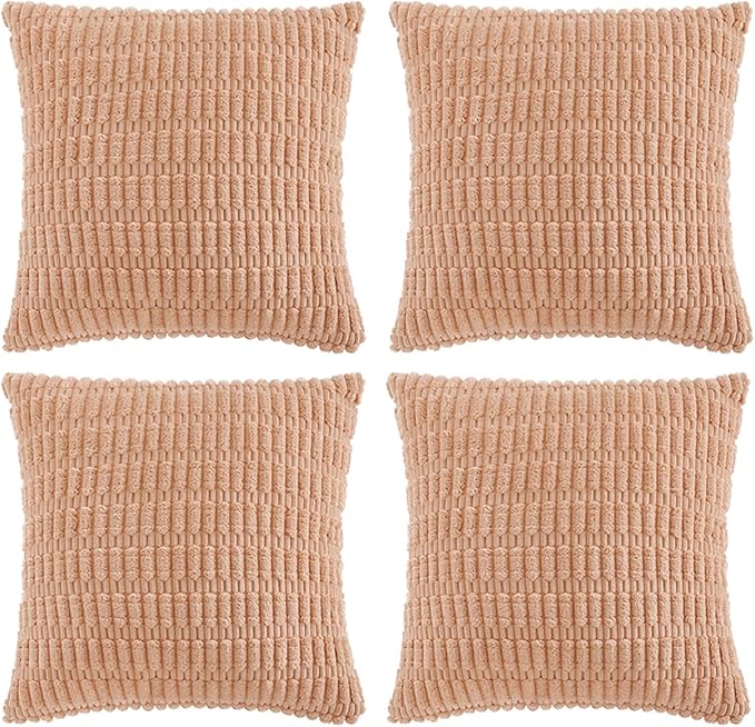 Fancy Homi 4 Packs Peach Decorative Throw Pillow Covers 26x26 Inch for Living Room Couch Bed, Rustic Modern Farmhouse Boho Home Decor, Soft Plush Corduroy Cute Square Accent Cushion Case 66x66 cm