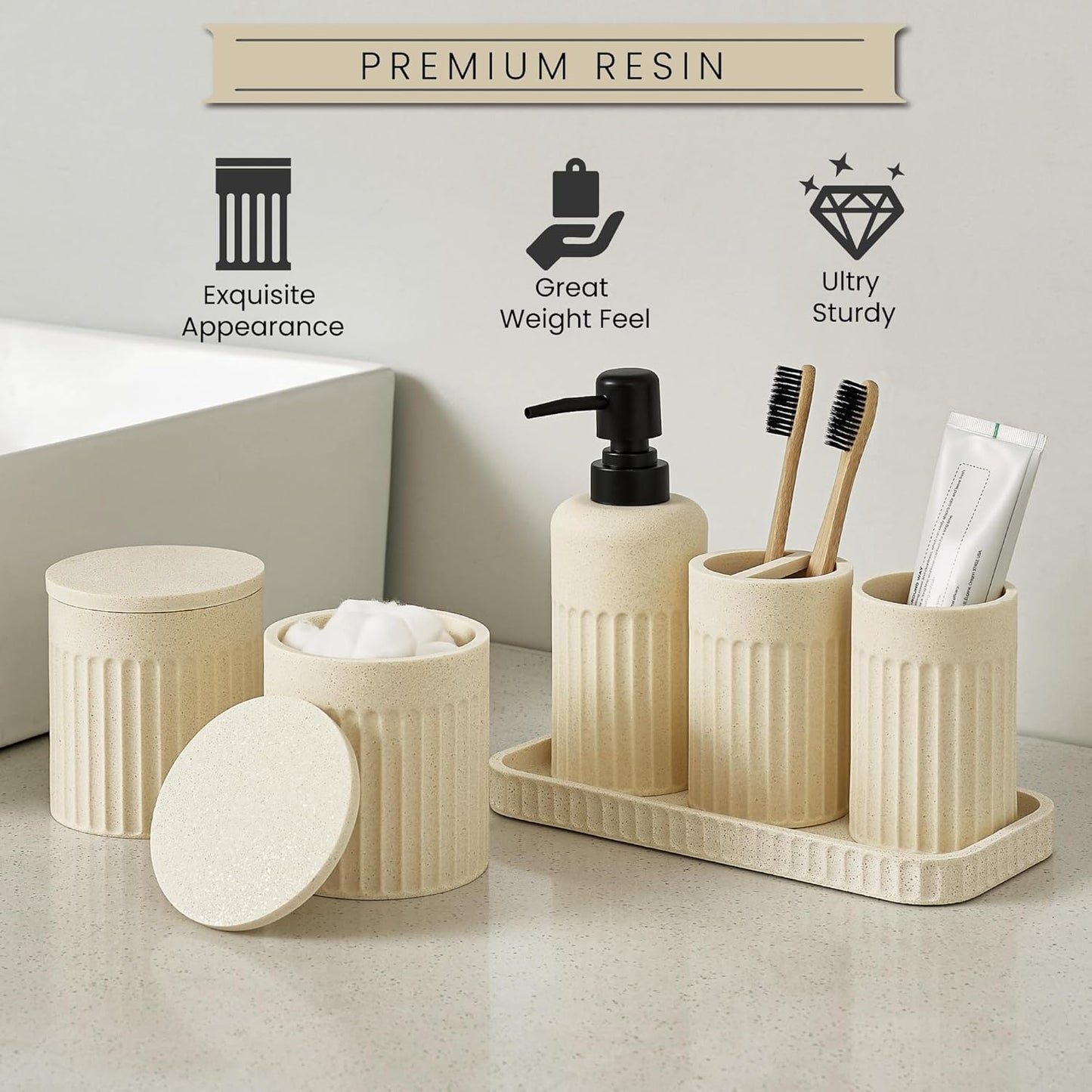 Bathroom Accessory Set - 6 Pieces Bathroom Accessories Set Complete with Soap Dispenser, Toothbrush Holder, Tumbler, Vanity Tray and 2 Qtip Holder for Home Organizer and Decor, Beige