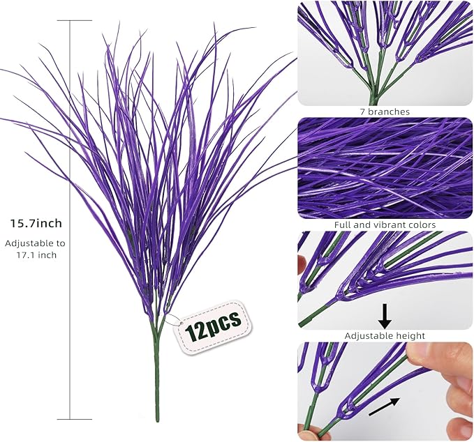Fake Grass Plant Fake Plants Outdoor Artificial Onion Grass Artificial Grasses Outdoor UV Resistant Faux Plastic Grass Artificial Shrubs Bushes Fake Flowers Outside Artificial Yard Flower(Pure Purple)