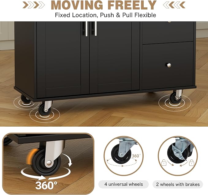 Shintenchi Kitchen Island with Folding Drop Leaf, Rolling Island Table with Storage, Kitchen Cabinet on Wheels with Seating Area for Kitchen, Bar Cart with Cabinet, Black