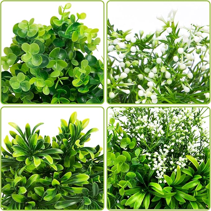 Ouddy Decor 6 Bundles Artificial Greenery Stems Mixed Fake Plants Eucalyptus Stems Babys Breath Faux Plastic Artificial Plants & Flowers for Outdoor Indoor Garden Home Window Box Decor