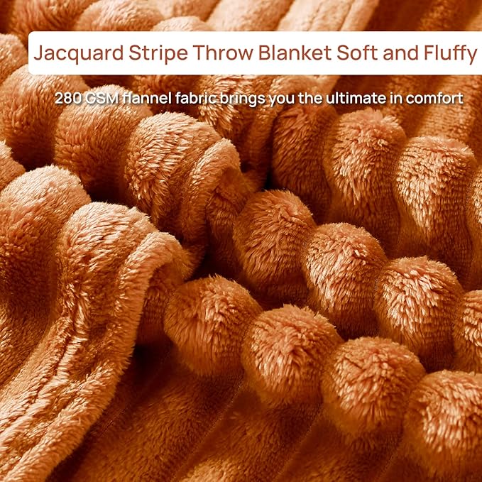 Geniospin Throw Blanket for Couch, Bed, Sofa – 280GSM Super Soft Lightweight Blanket with Stripe, 3D Ribbed Jacquard Blanket, Plush Fuzzy Cozy Throws, Warm and Breathable (Burnt Orange, 50x60 inches)