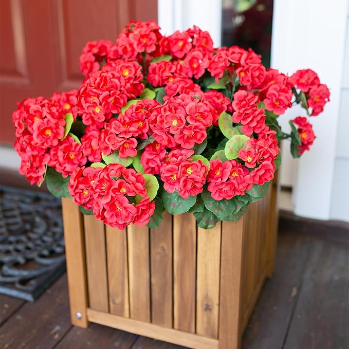 Artificial Geraniums Fake Flowers for Outdoors Decoration, 6 Bundles Silk Geraniums Red Flower UV Resistant Look Real Faux Plants for Front Door Garden Porch Planter Patio Balcony Yard Indoor Home