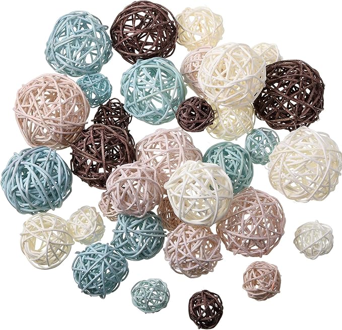 Patelai 36 Pcs Wicker Rattan Balls Decorative Balls for Vase Centerpiece Bowls Orbs Filler for Home Decor,4 Sizes(Blue, Brown, Dark Brown, White)