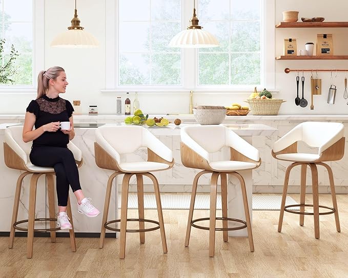 HNY 26 Inch Swivel Bar Stools with Back Set of 6, Beige Linen Upholstered Counter Height Barstools with Solid Bentwood Frame, Round Footrest, Modern Barrel Counter Stools for Kitchen Island, Home Bar