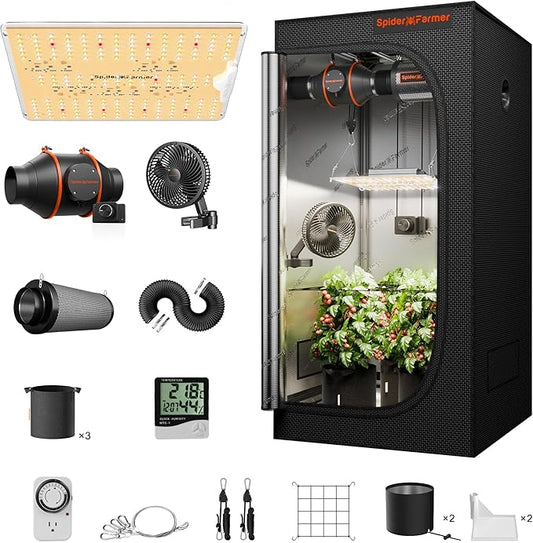 Spider Farmer Grow Tent Kit 2x2x5ft Complete System, SF1000D Samsung Diodes Full Spectrum LED Grow Light 24"X24"X55" Indoor 1680D Mylar Tent with 4" Ventilation System & 6'' Clip Fan