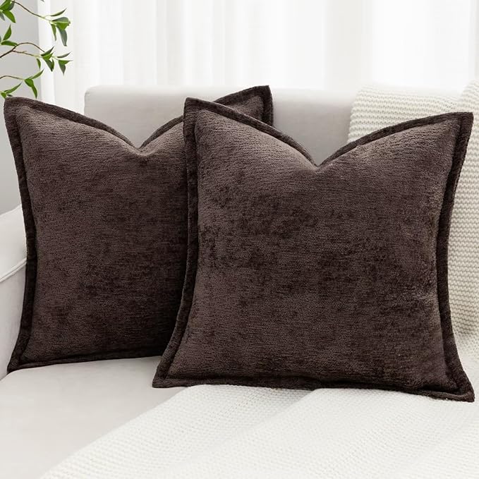 Brown Decorative Throw Pillow Covers 18x18 Inch Set of 2 Cozy Soild Chenille Cushion Cases Soft Textured Square Couch Pillows Cover Boho Accent Farmhouse Pillowcases for Sofa Bed
