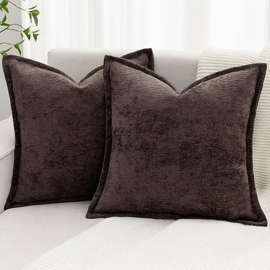 Brown Decorative Throw Pillow Covers 18x18 Inch Set of 2 Cozy Soild Chenille Cushion Cases Soft Textured Square Couch Pillows Cover Boho Accent Farmhouse Pillowcases for Sofa Bed