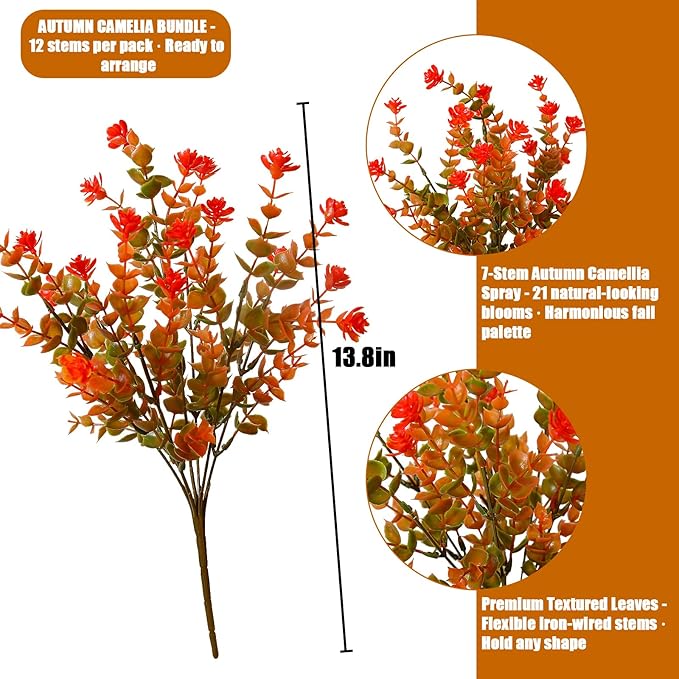 alyptus Artificial Fall Mums – 12 Bundles Fake Outdoor Fall Flowers with Greenery, UV Resistant No-Fade Faux Plants for Porch, Patio, Garden, Office & Thanksgiving Décor