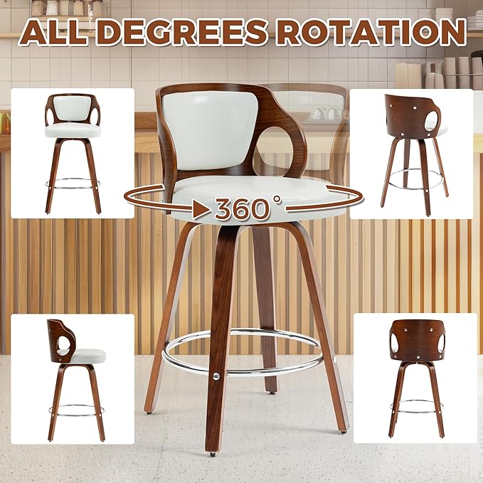 ECOTOUGE Swivel Bar Stools Set of 4, Walnut Faux Leather Counter Height Barstools with Bentwood Back and Footrest, for Dining Room, Kitchen Island and Pub, White