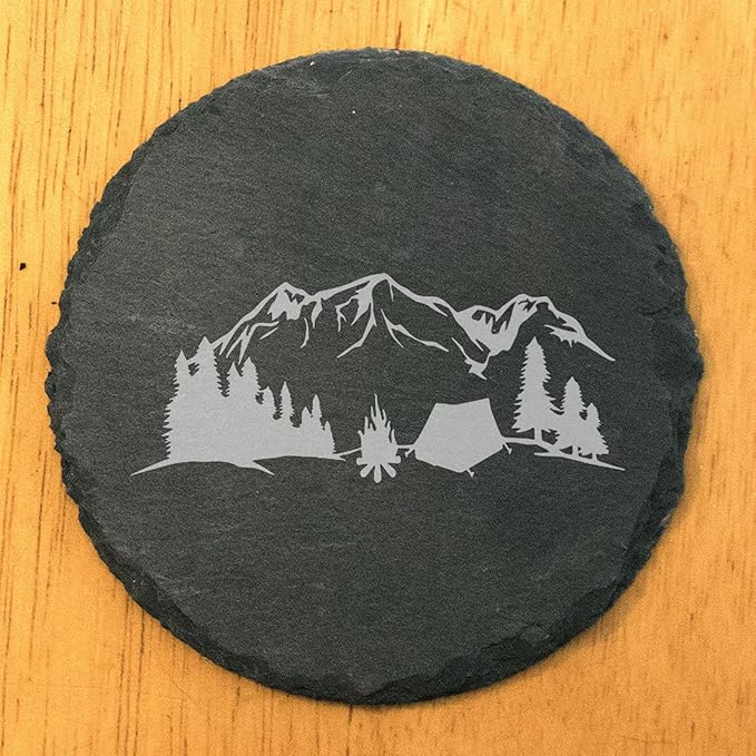 Mountain Majesty Slate Coasters with Stunning Mountain Scene Design - Perfect for Home and Office Decor and Protection of Surfaces, Available in Square or Round Coasters - Round Slate - Set of 5