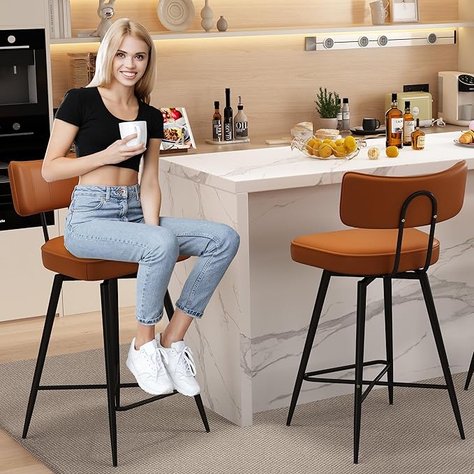 Swivel Counter Height Bar Stools Set of 2, 26" Leather Kitchen Swivel Counter Stools with Backs, Metal Legs and Footrest, Bar Chairs for Kitchen Island, Brown