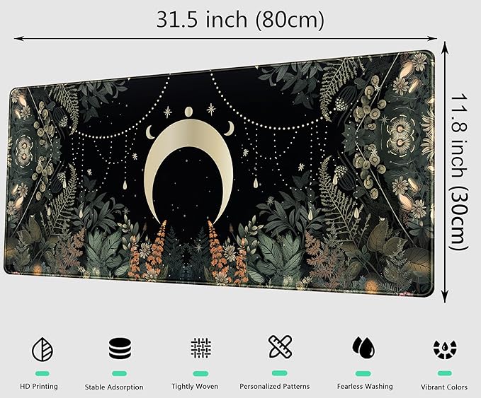 Cute Green Forest leaves Desk Mat Whimsical Moon Mousepad XL Large Extended Gaming Mouse Pad with Stitched Edges, Computer Laptop Keyboard Mouse Mat Desk Pad 31.5x11.8 in Non-Slip Rubber Base