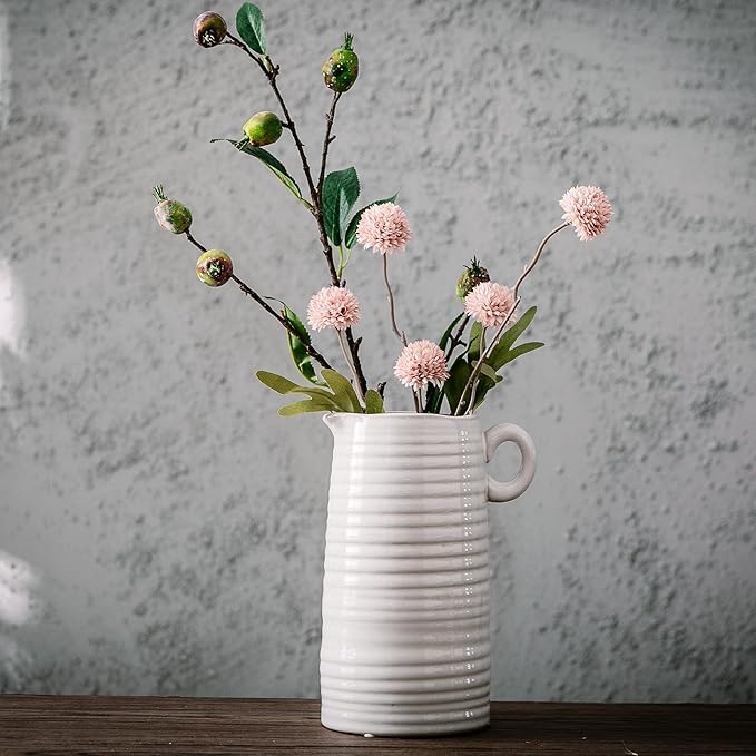 White Ceramic Vase with Small Handle, Modern Farmhouse Pitcher, Milk Jug for Home Decor, Rustic Textured Pottery, Glazed Decorative Centerpiece