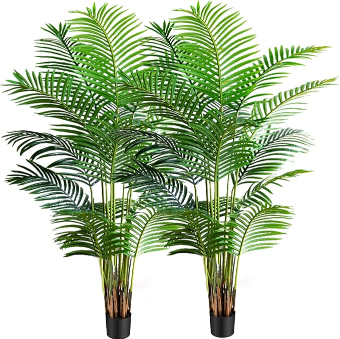 Worth Garden 6ft Artificial Areca Palm Plant 2 Packs in Pot, Fake Cane Palm Silk Tree Indoor Outdoor, Dypsis Lutescens, 70in Lifelike Faux Silk Plant Home Decor, Black Pot & 20g Dried Moss Included